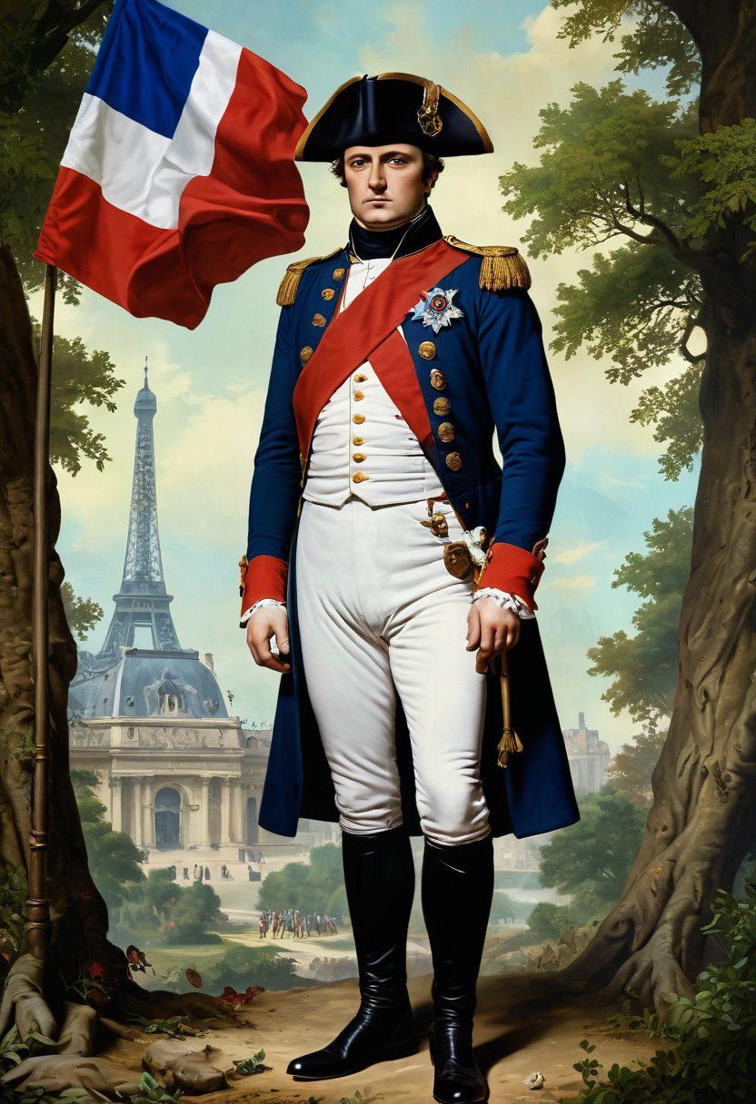 A dramatic depiction of Napoleon Bonaparte standing amidst historical symbols of his reign, such as a French flag and a tactical map. The background should feature an iconic battlefield with lush greenery, hinting at both triumph and defeat. Include ghostly images of revolutionary Paris to signify his impact and legacy. The color palette should be rich and moody, capturing the essence of ambition and downfall. super-realistic. vibrant colors. historical illustration.