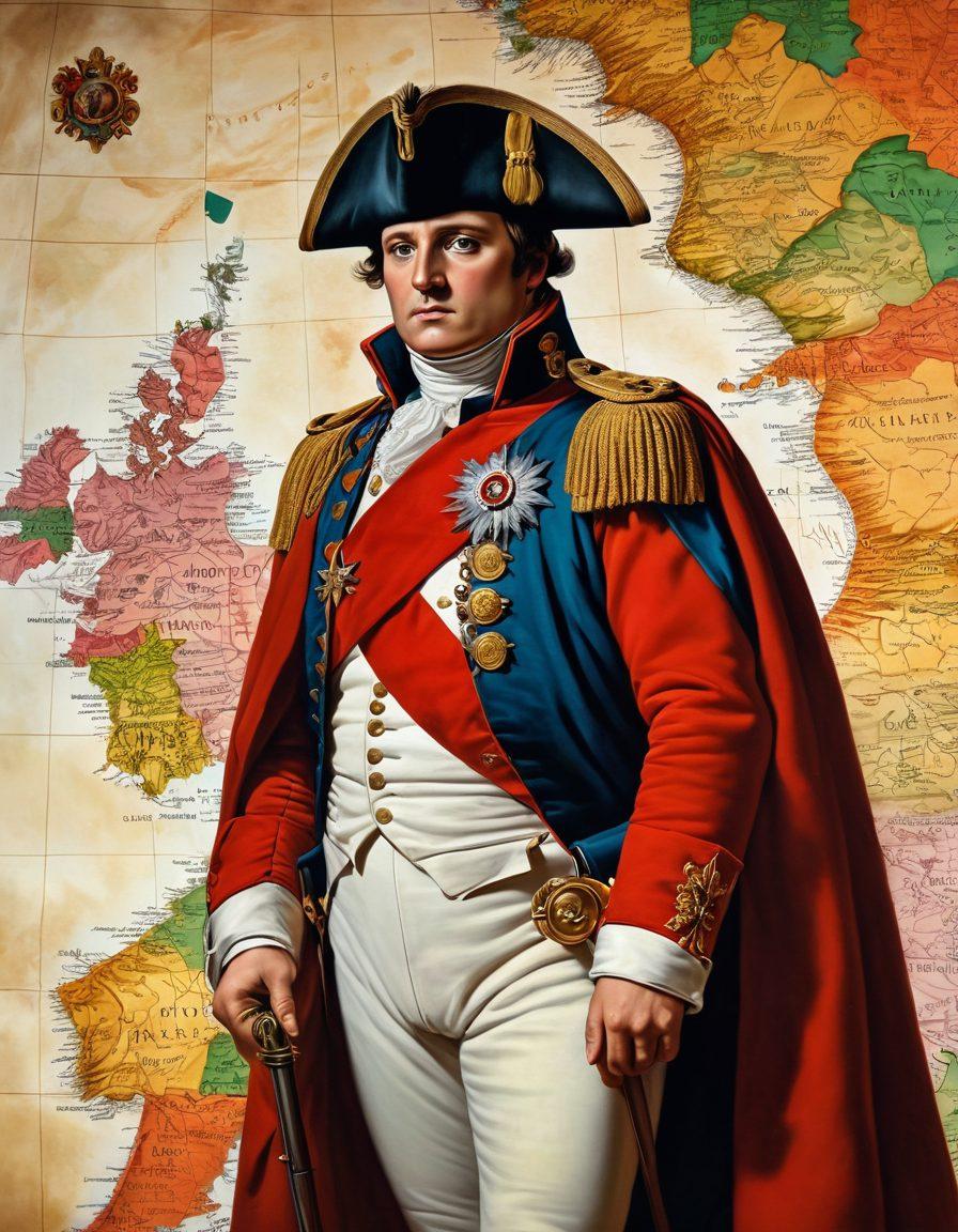 A striking depiction of Napoleon Bonaparte, adorned in his military regalia, standing confidently atop a map of Europe, with illuminated political boundaries shifting around him. In the background, an ethereal mix of historical landmarks symbolizing reform, such as the Arc de Triomphe and the Palais des Tuileries, fades into a dramatic sky. Vibrant colors and a blend of classic painting styles create a sense of power and legacy. super-realistic. vibrant colors. historical painting.