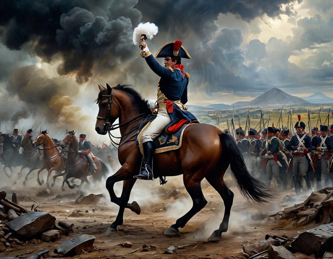 A dynamic, atmospheric scene depicting Napoleon Bonaparte on a dramatic battlefield, with stormy skies above and scattered soldiers around him. Capture the tension of a historical moment, showcasing Napoleon in his iconic military attire, staring resolutely across the battlefield with a backdrop of smoke and chaos. Include elements symbolizing triumph and exile, like a faded French flag and distant mountains. painting. rich colors. vintage style.